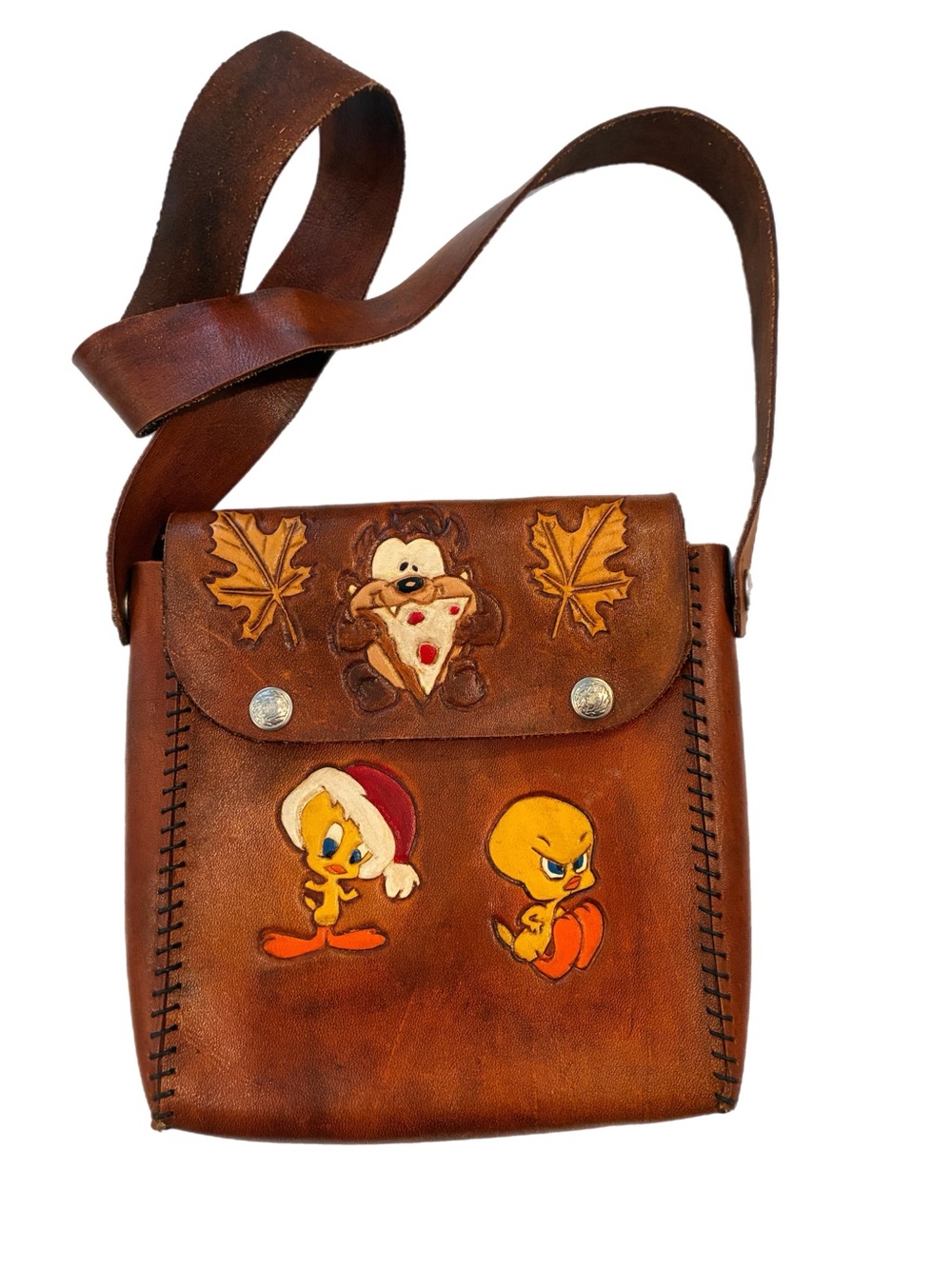 Handmade Brown Leather Tweety & Taz Embossed Crossbody Bag